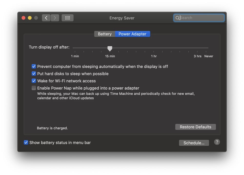 Energy Saver Preferences on Mac