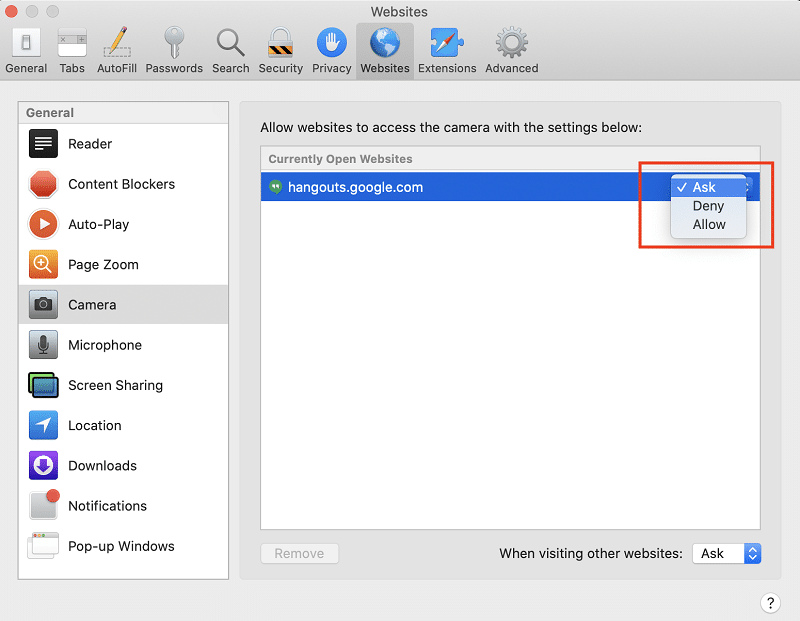 Ask or deny option for accessing your webcam on safari