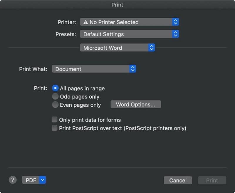 Print Microsoft Word options on Mac computer