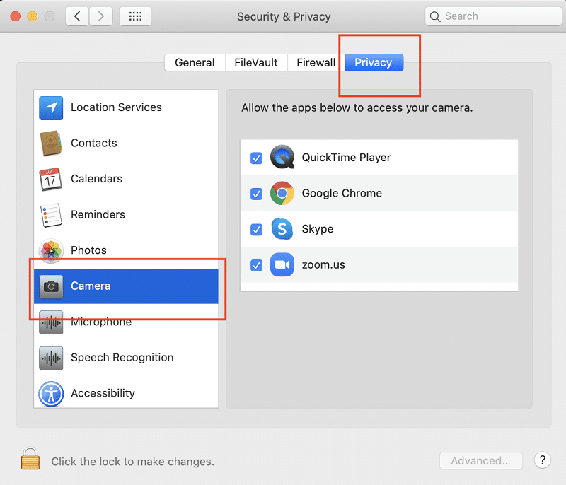 Select camera from system preferences on mac
