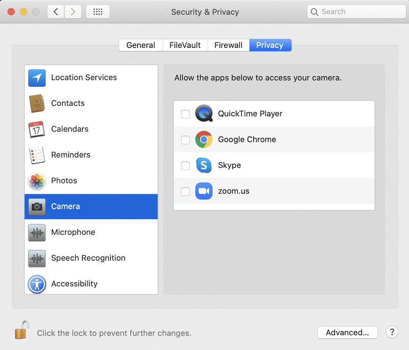 uncheck apps from using camera on mac